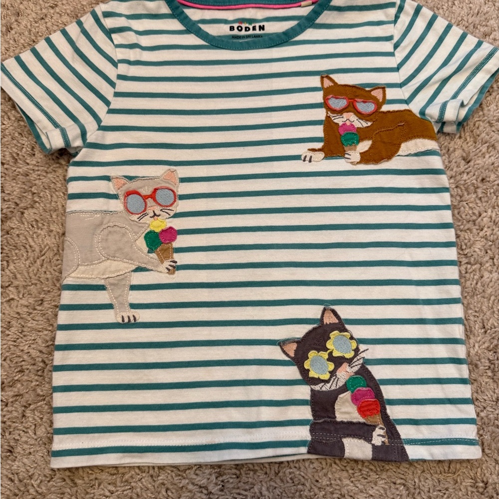 Boden Kids Ice Cream Cat Tee - Teal and White